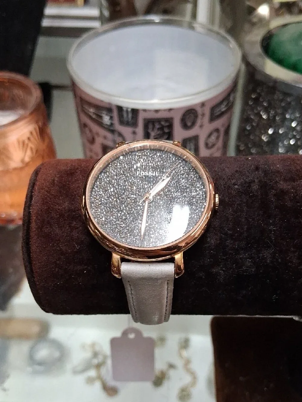 Fossil  Gold Crystal Pavé Dial Watch with Light Gray Strap